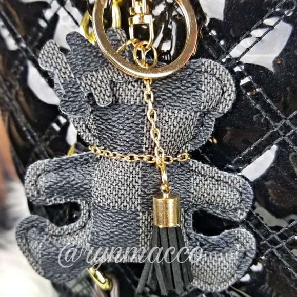Black Gray Leather Teddy Bear Tassel Keyring - Picture 2 of 8